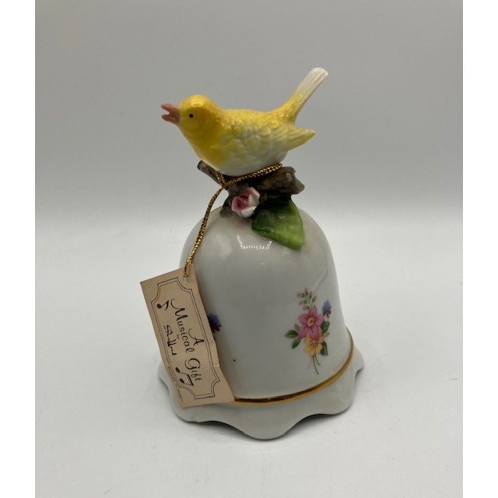Music Box Porcelain Bell Yellow Bird Figurine‎ Floral Design Decor Made in Japan